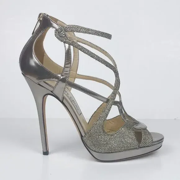 Jimmy Choo Metallic Sparkle & Leather Vermeil Caged Strappy Heel Sandals - Picture 2 of 10